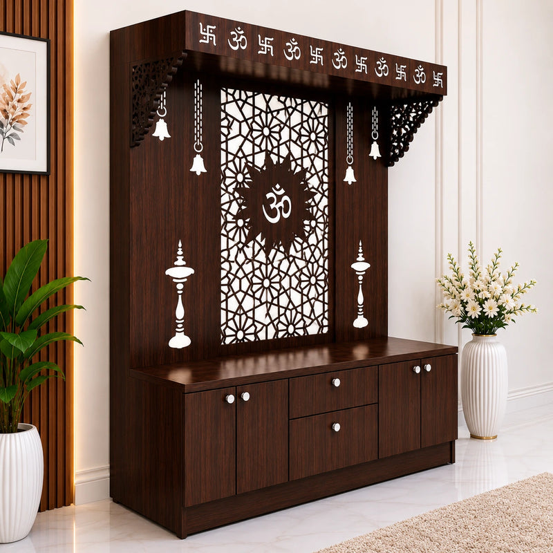 Spacious Wooden Pooja Mandir with Backlit Om Design and Storage