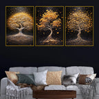 Sparkling Golden Tree of Life Floating Frame Crystal Wall Painting Set of 3