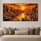Spiritual Banaras Ghat Boat Scene Canvas Painting for Wall Decor