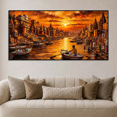 Spiritual Banaras Ghat Boat Scene Canvas Painting for Wall Decor