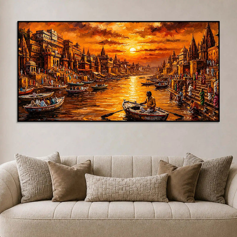 Spiritual Banaras Ghat Boat Scene Canvas Painting for Wall Decor