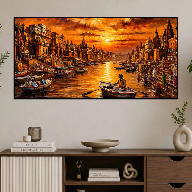 Spiritual Banaras Ghat Boat Scene Canvas Painting for Wall Decor