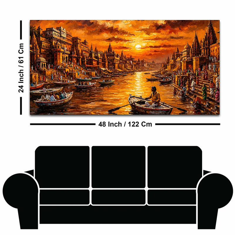 Spiritual Banaras Ghat Boat Scene Canvas Painting for Wall Decor