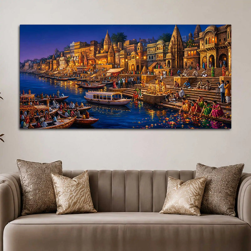 Spiritual Banaras Ghats Evening Scene Painting for Hallway Decor