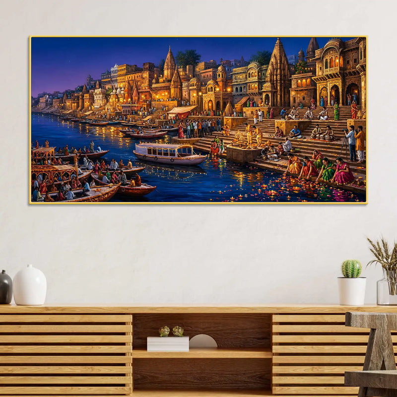 Spiritual Banaras Ghats Evening Scene Painting for Hallway Decor