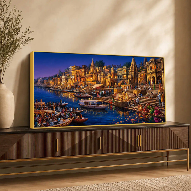 Spiritual Banaras Ghats Evening Scene Painting for Hallway Decor