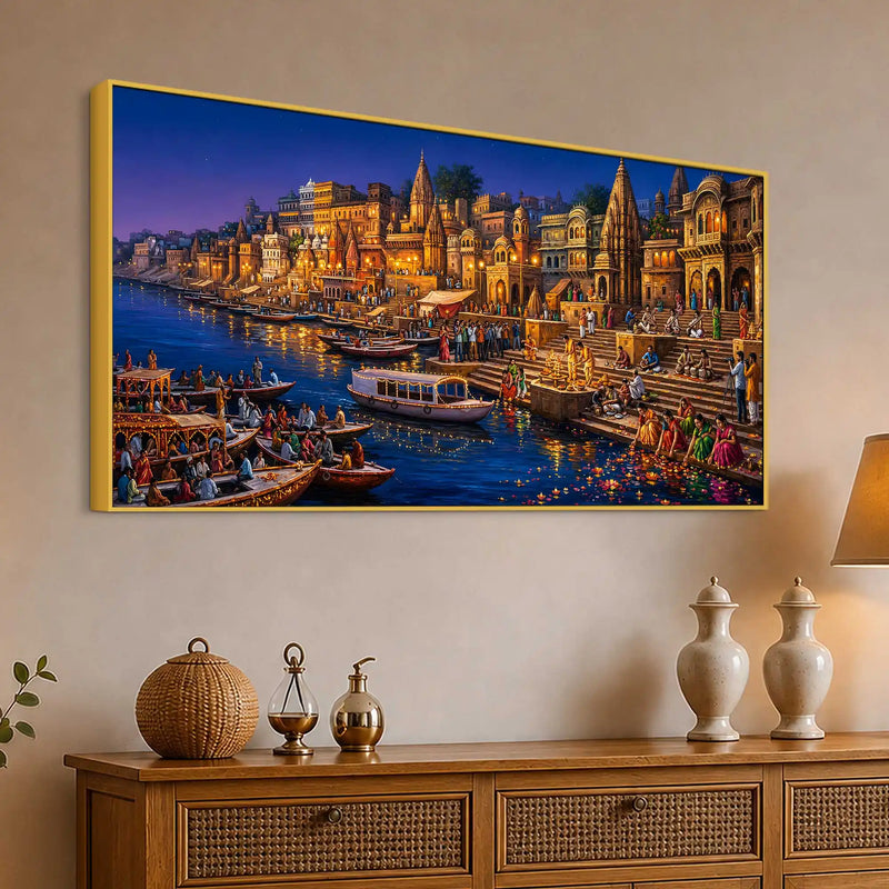 Spiritual Banaras Ghats Evening Scene Painting for Hallway Decor
