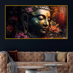 Spiritual Buddha Face with Artistic Floral Design Crystal Glass Wall Painting