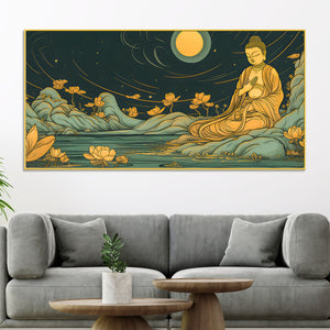Spiritual Buddha Wall Painting with Lotus & Moonlight Scene