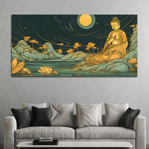 Spiritual Buddha Wall Painting with Lotus & Moonlight Scene