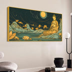 Spiritual Buddha Wall Painting with Lotus & Moonlight Scene