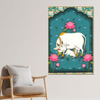 Spiritual Cow and Calf Lotus Garden Canvas Wall Painting