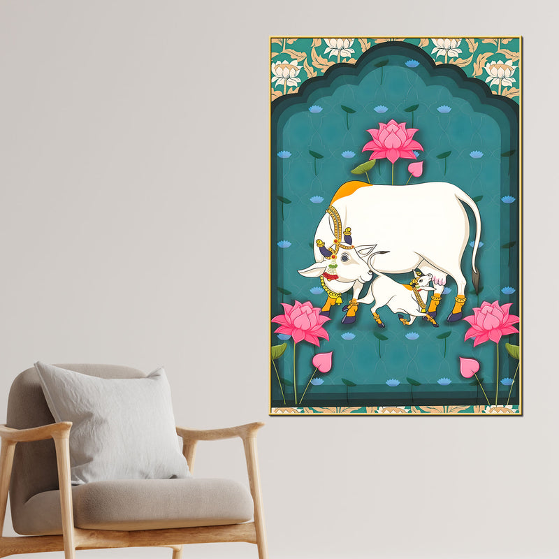 Spiritual Cow and Calf Lotus Garden Canvas Wall Painting