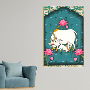 spiritual-cow-and-calf-lotus-garden-canvas-wall-painting