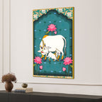 Spiritual Cow and Calf Lotus Garden Canvas Wall Painting
