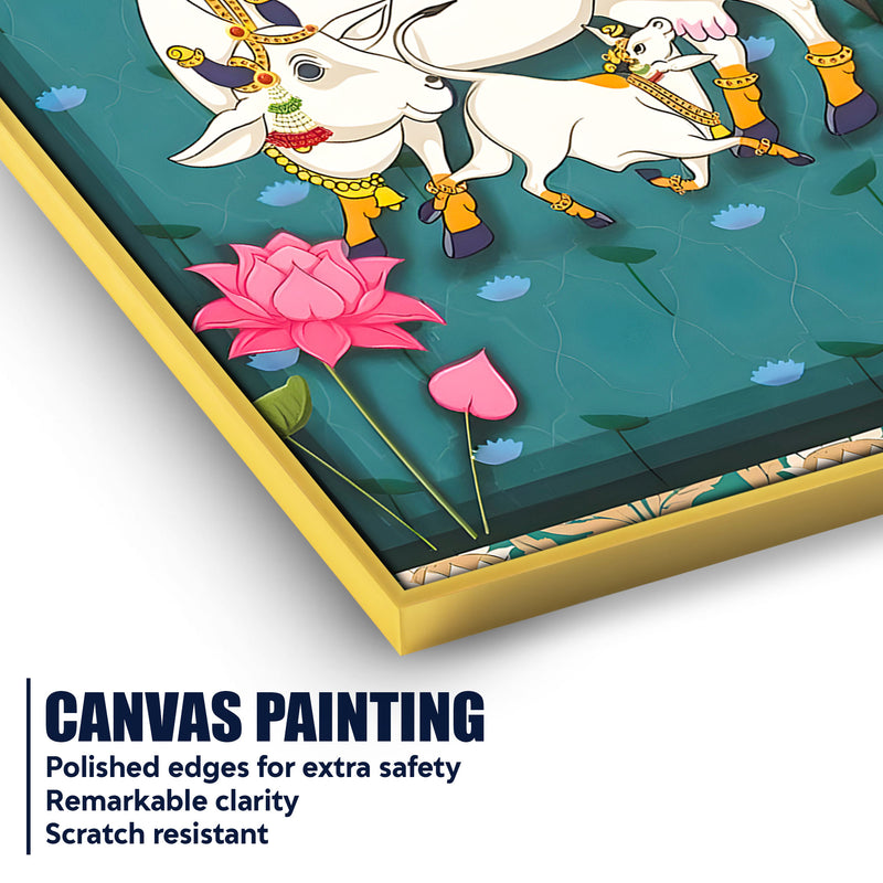 Spiritual Cow and Calf Lotus Garden Canvas Wall Painting