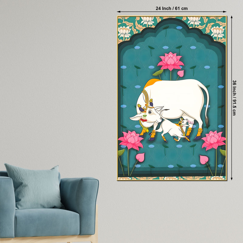 Spiritual Cow and Calf Lotus Garden Canvas Wall Painting