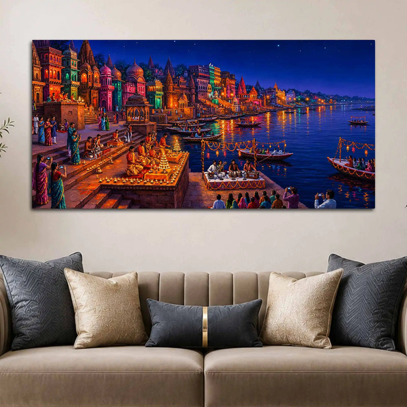 Spiritual Ganga Aarti Ceremony Canvas Painting for Wall Decor