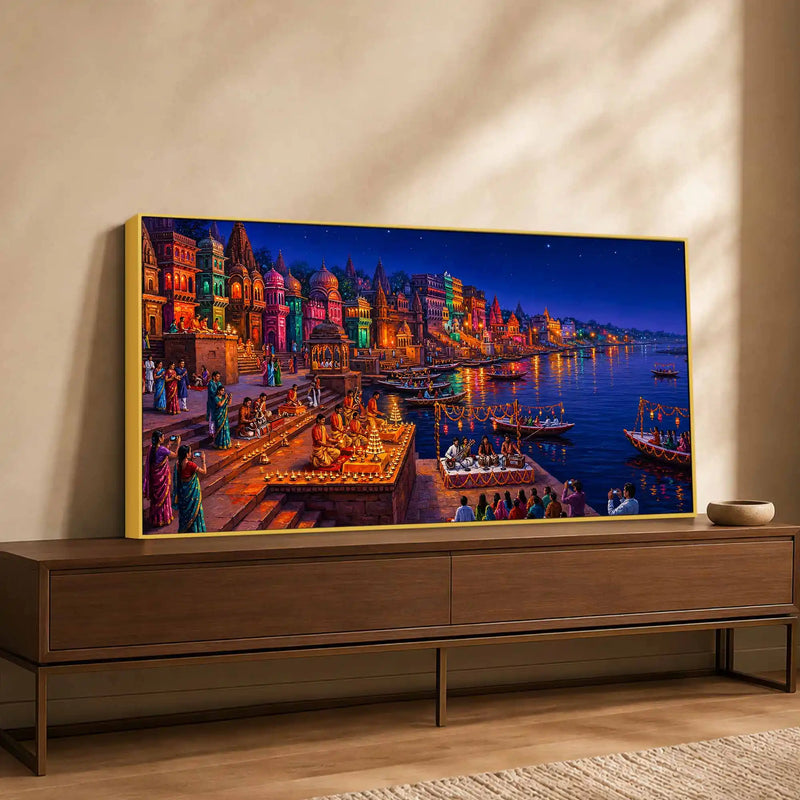 Spiritual Ganga Aarti Ceremony Canvas Painting for Wall Decor