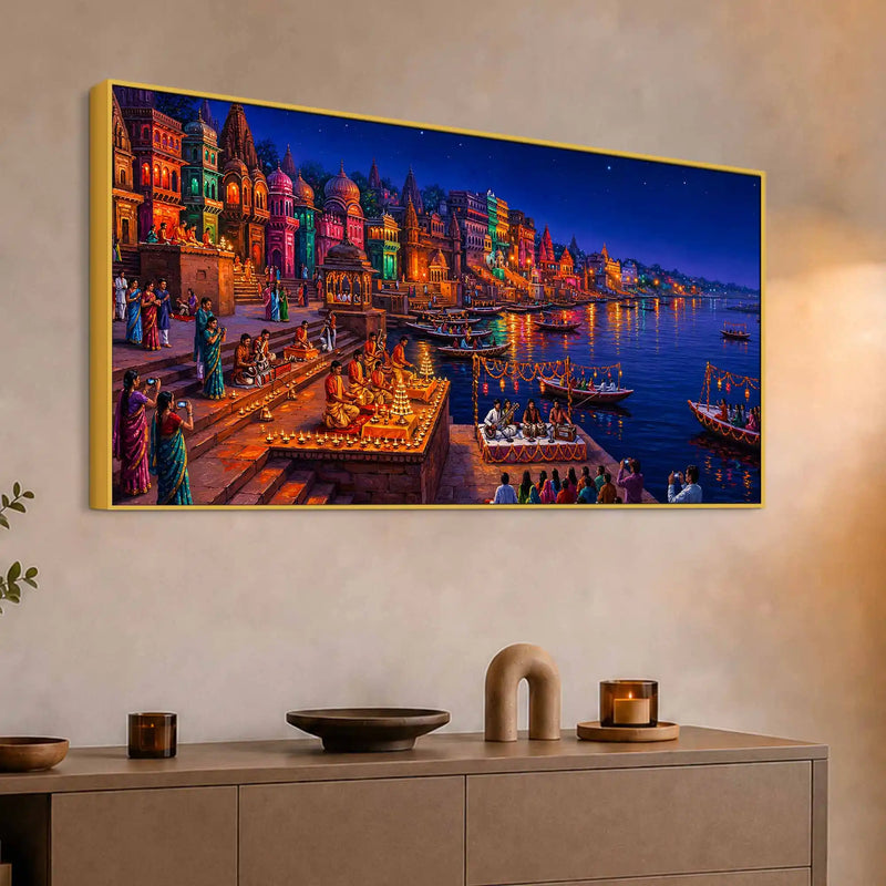 Spiritual Ganga Aarti Ceremony Canvas Painting for Wall Decor