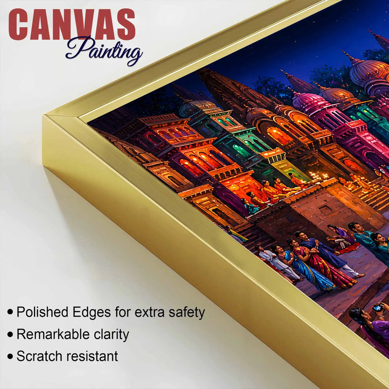 Spiritual Ganga Aarti Ceremony Canvas Painting for Wall Decor