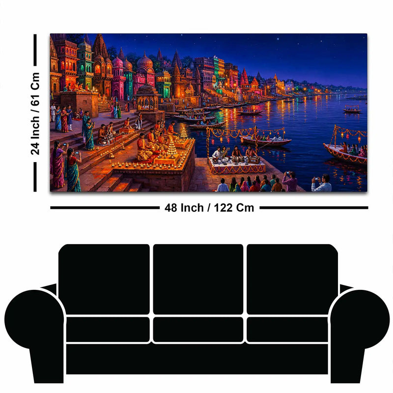 Spiritual Ganga Aarti Ceremony Canvas Painting for Wall Decor