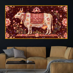Spiritual Gau Mata Blessing Art Crystal Glass Wall Painting for Peaceful Home Ambience