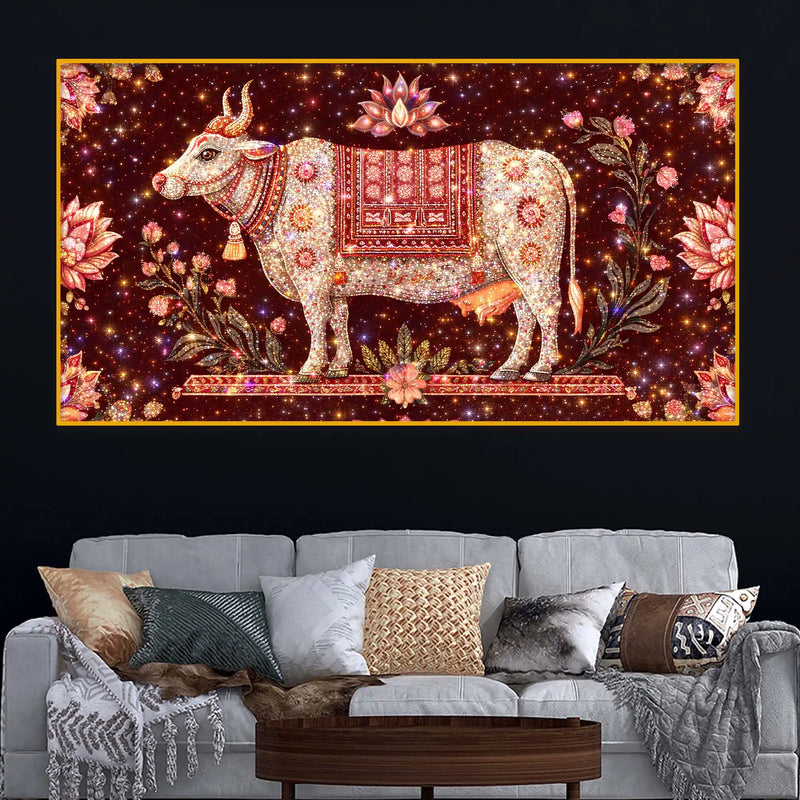 Spiritual Gau Mata Blessing Art Crystal Glass Wall Painting for Peaceful Home Ambience