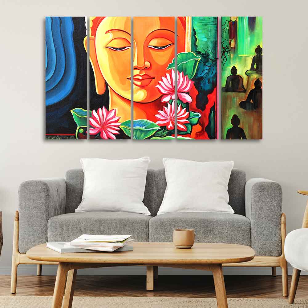 Spiritual Gautam Buddha Wall Painting of Five Pieces