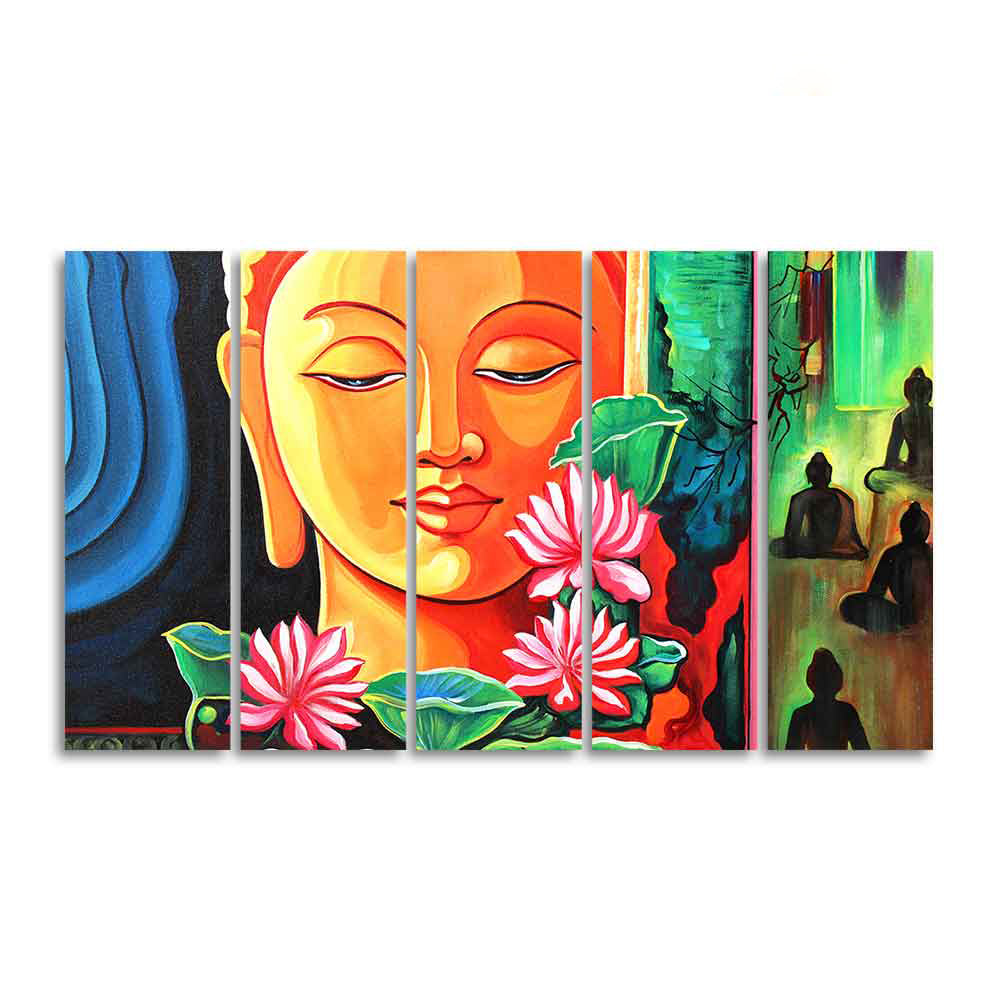 Spiritual Gautam Buddha Wall Painting of Five Pieces