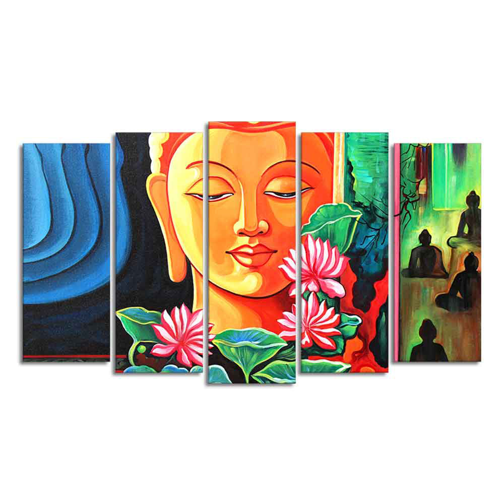 Spiritual Gautam Buddha Wall Painting Set of Five Pieces