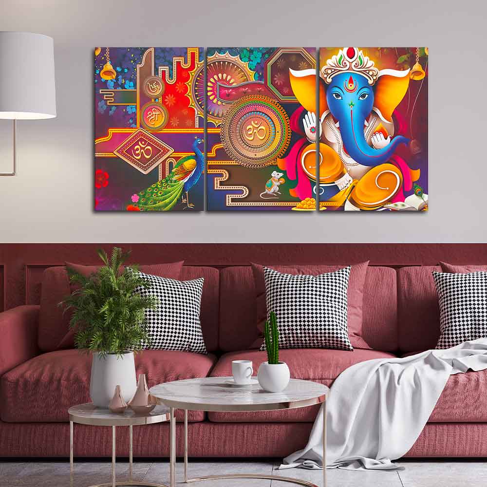 Spiritual God Ganesha Canvas Wall Painting of 3 Pieces