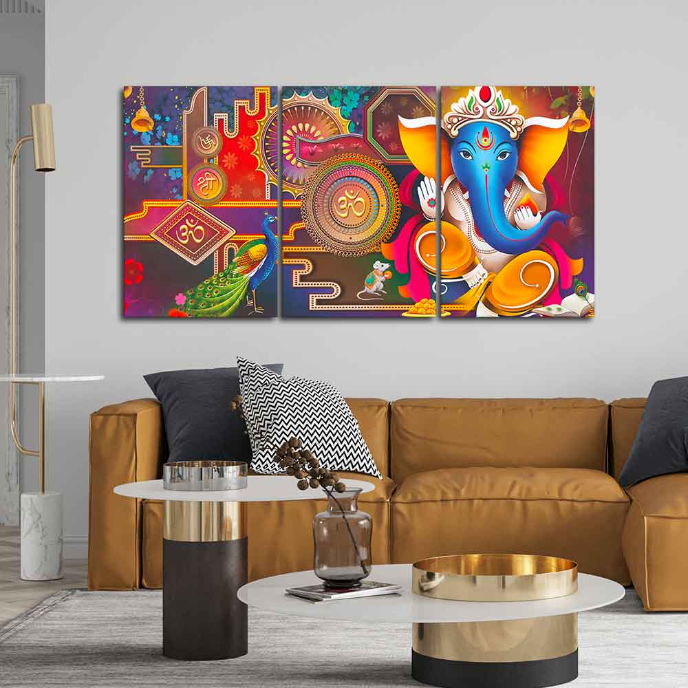 Spiritual God Ganesha Canvas Wall Painting of 3 Pieces