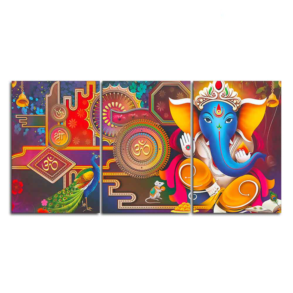 Spiritual God Ganesha Canvas Wall Painting of 3 Pieces