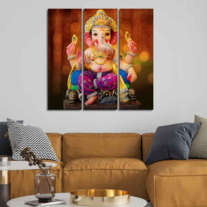 Spiritual God Ganesha Wall Painting of Three Panels