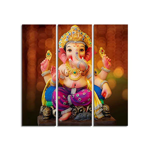 Spiritual God Ganesha Wall Painting of Three Panels