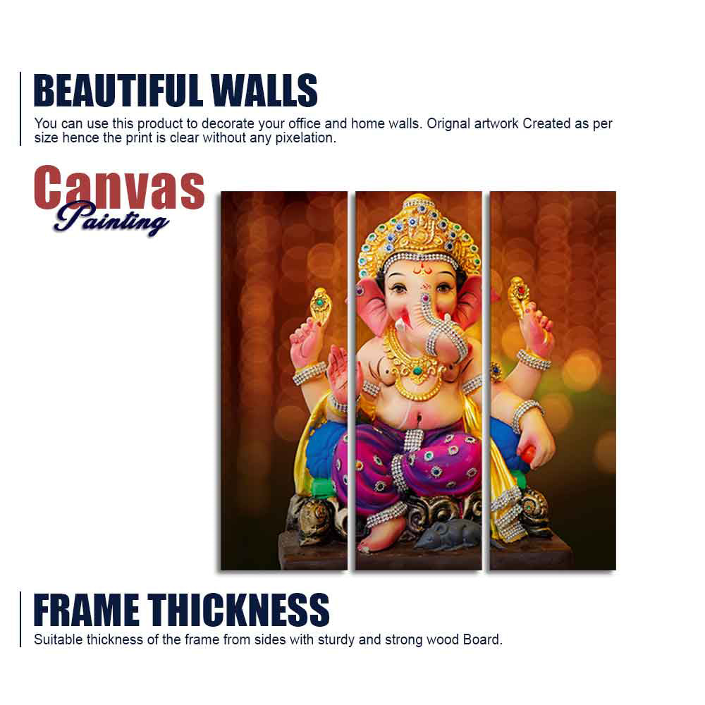 Spiritual God Ganesha Wall Painting of Three Panels