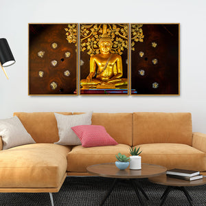 Spiritual Golden Gautam Buddha Floating Canvas Wall Painting Set of Three