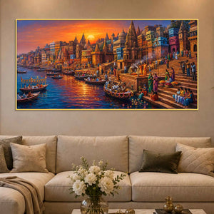 Spiritual Kashi Ganga Riverside Painting for Living Room Wall Decor