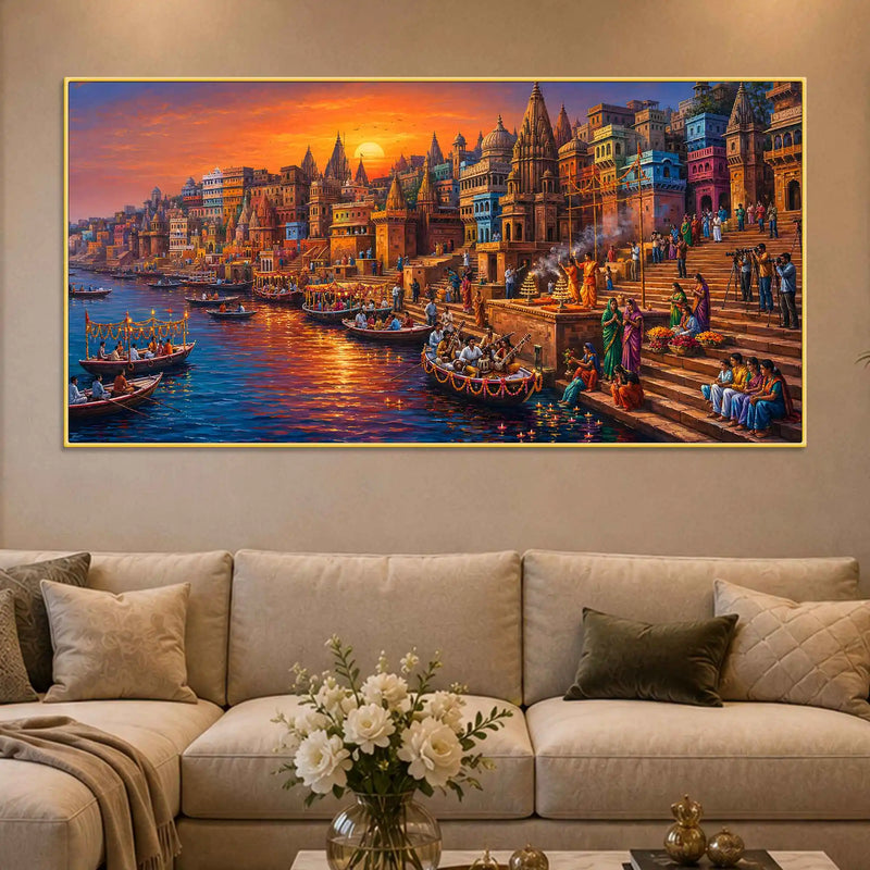 Spiritual Kashi Ganga Riverside Painting for Living Room Wall Decor