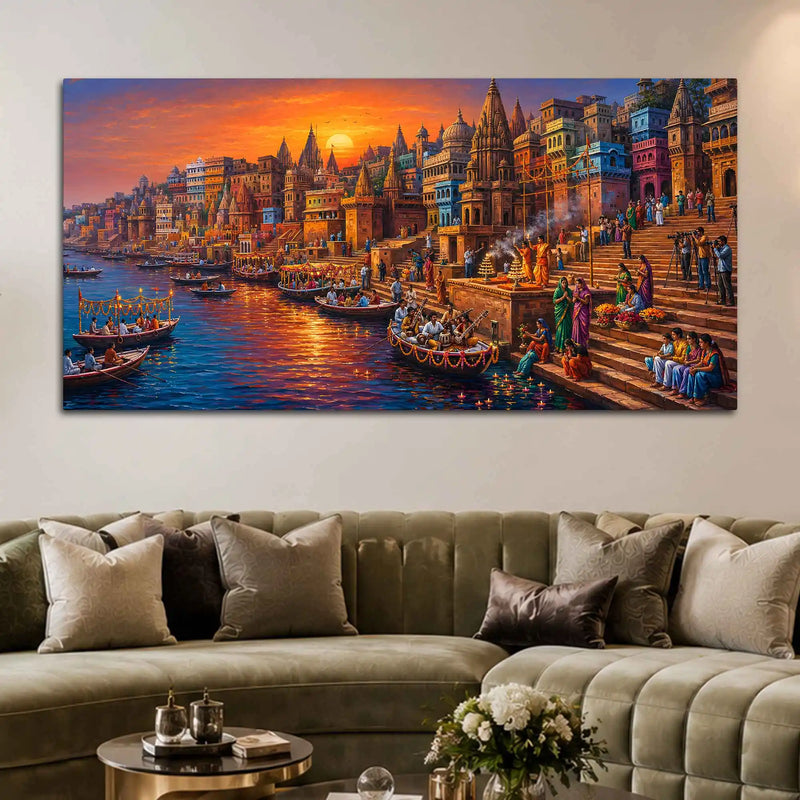 Spiritual Kashi Ganga Riverside Painting for Living Room Wall Decor