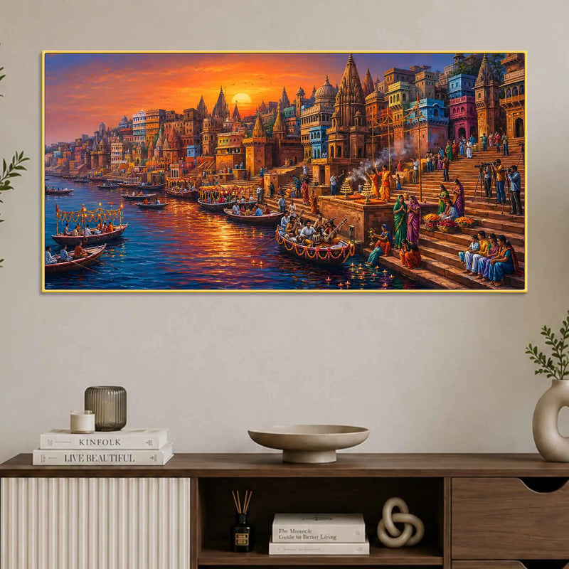 Spiritual Kashi Ganga Riverside Painting for Living Room Wall Decor