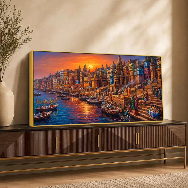 Spiritual Kashi Ganga Riverside Painting for Living Room Wall Decor