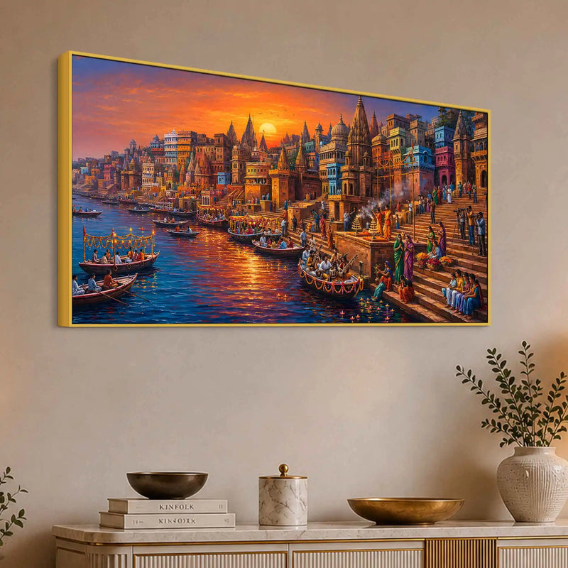 Spiritual Kashi Ganga Riverside Painting for Living Room Wall Decor