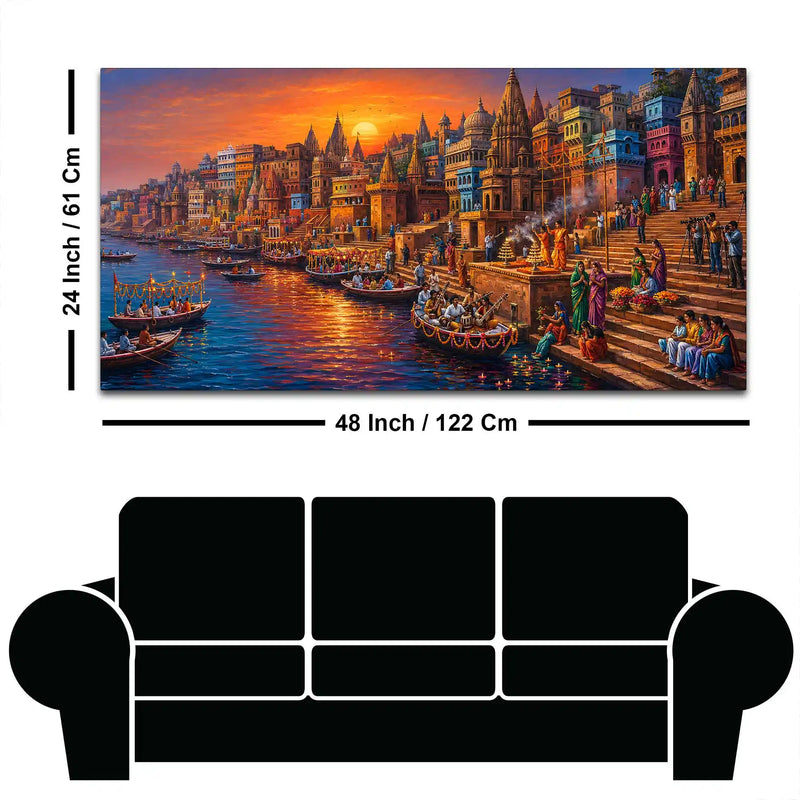 Spiritual Kashi Ganga Riverside Painting for Living Room Wall Decor