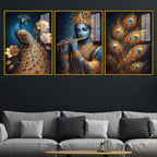 Spiritual Krishna and Peacock Acrylic Wall Décor Painting Set of 3