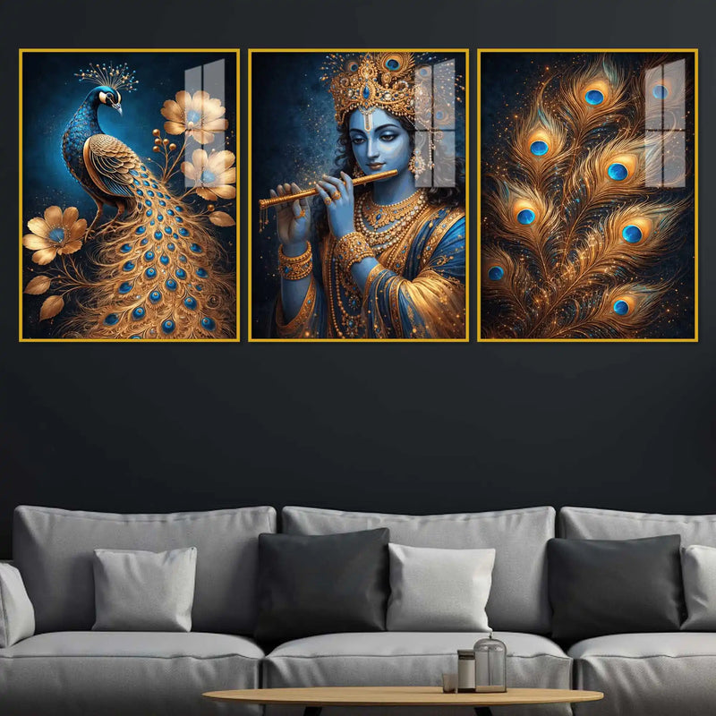 Spiritual Krishna and Peacock Acrylic Wall Décor Painting Set of 3