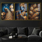 Spiritual Krishna and Peacock Acrylic Wall Décor Painting Set of 3