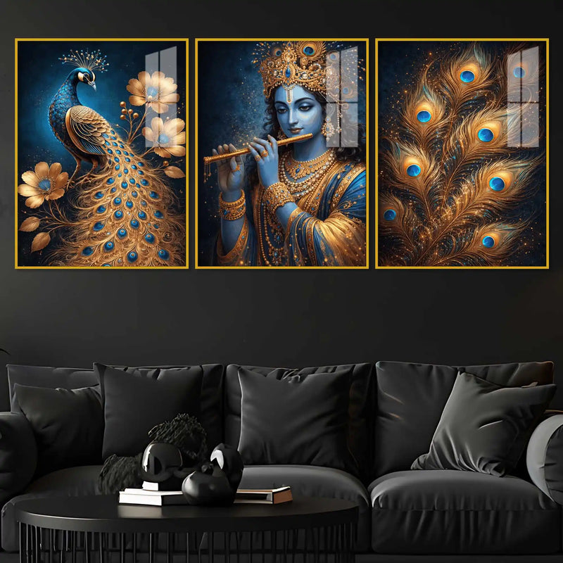 Spiritual Krishna and Peacock Acrylic Wall Décor Painting Set of 3