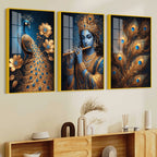 Spiritual Krishna and Peacock Acrylic Wall Décor Painting Set of 3